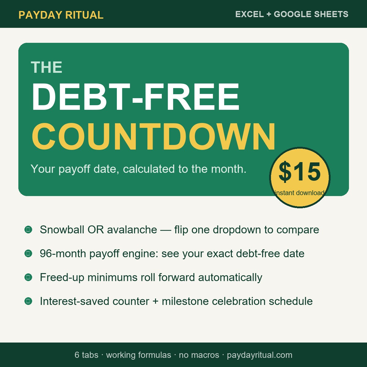 The Debt-Free Countdown — $15 snowball and avalanche debt payoff spreadsheet for Excel and Google Sheets