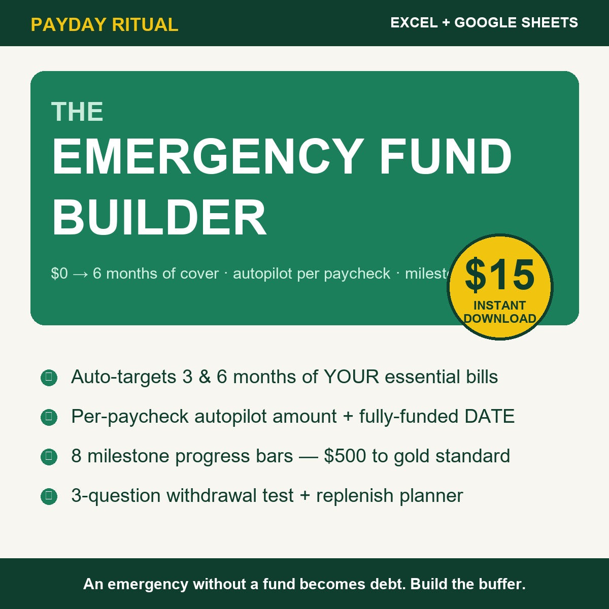 The Emergency Fund Builder — $15 emergency fund spreadsheet with paycheck autopilot, milestones and fund rules for Excel and Google Sheets
