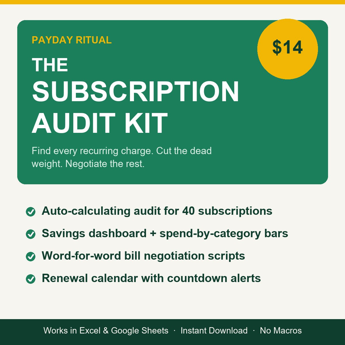The Subscription Audit Kit — $14 Excel and Google Sheets spreadsheet